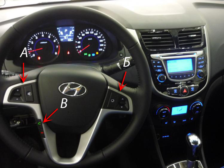 Расположение кнопок на руле на автомобиле Hyundai Solaris 2010-2016