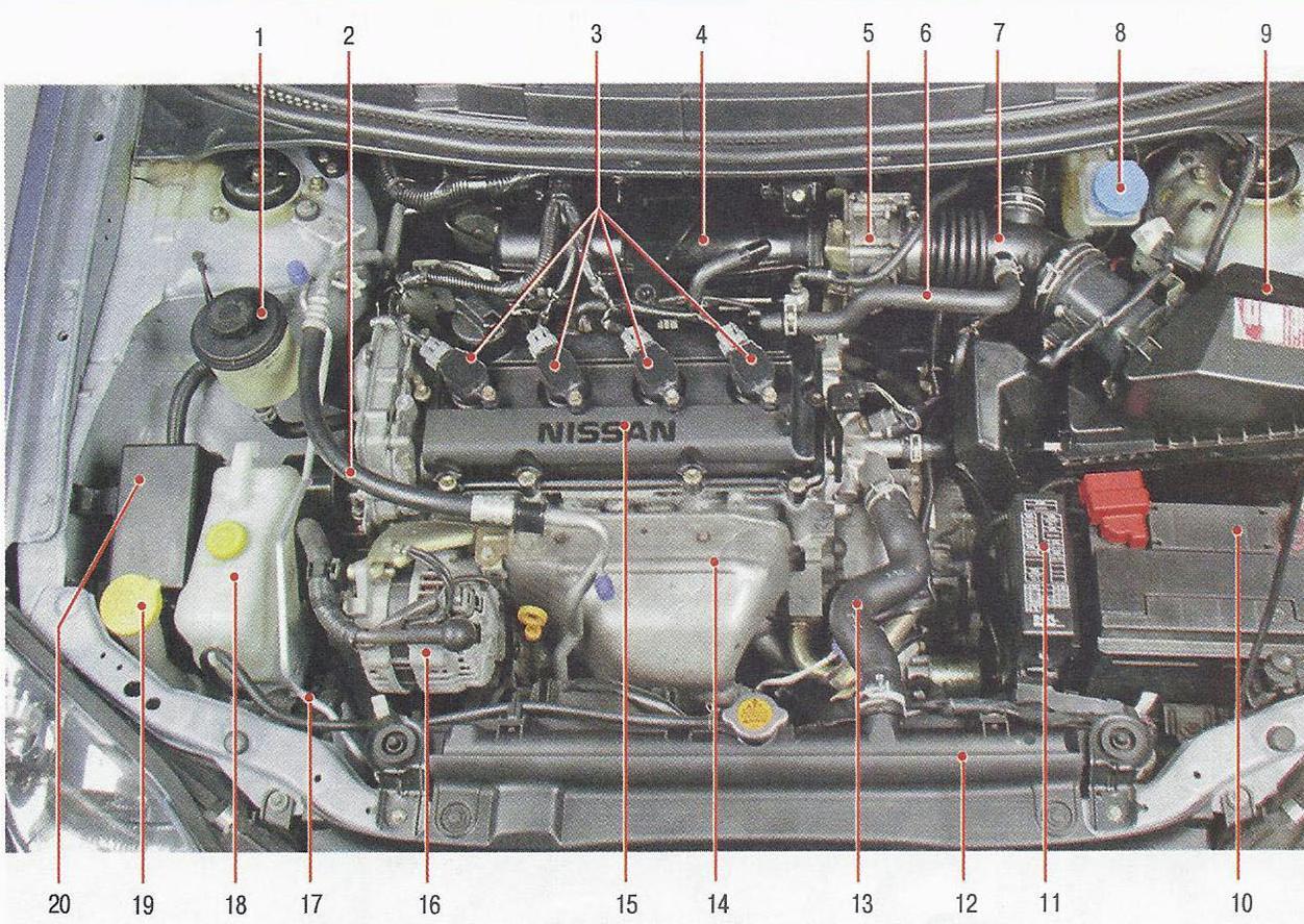 Компоненты подкапотного пространства автомобиля Nissna Primera