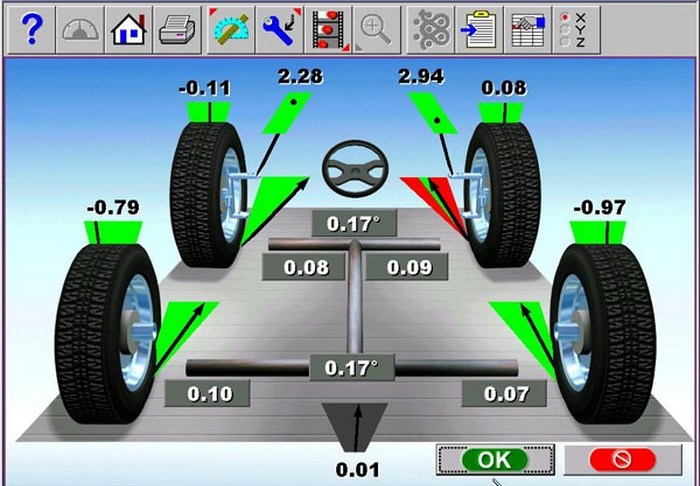 Рабочее окно лазерного стенда для регулировки узлов установки колес Toyota RAV4