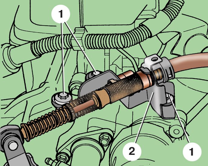 Схема креплений кронштейна тросов привода коробки передач типа 002 автомобиля Skoda Fabia I