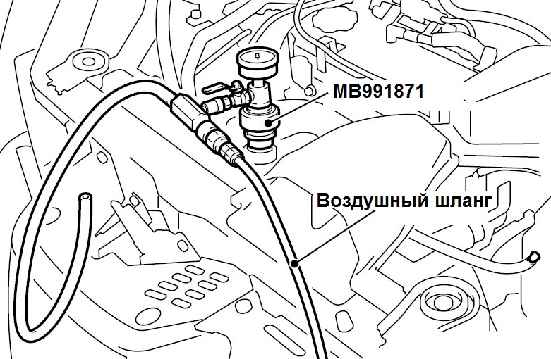 Заливание с помощью приспособления MB991871 охлаждающей жидкости в радиатор Mitsubishi Outlander I