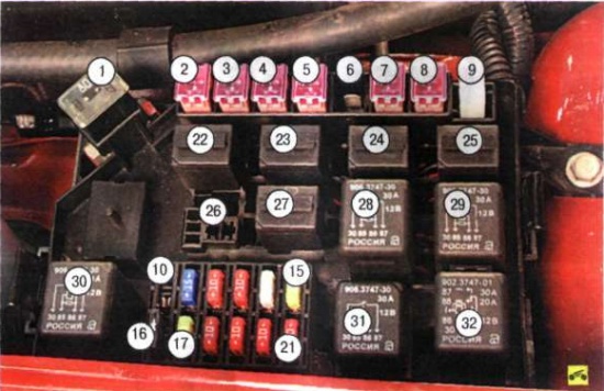 Номера реле, предохранителей и плавких вставок в монтажном блоке Chevrolet Lanos