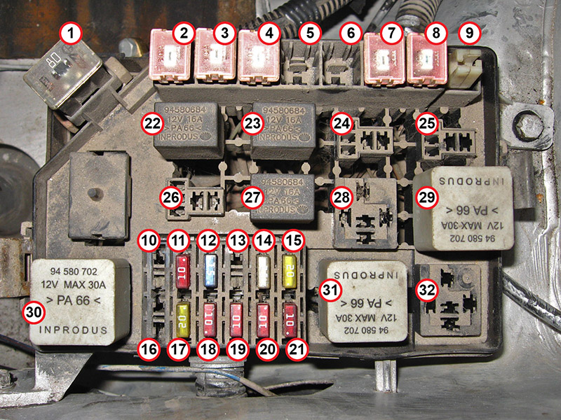 Номера реле и предохранителей в монтажном блоке Daewoo Sens