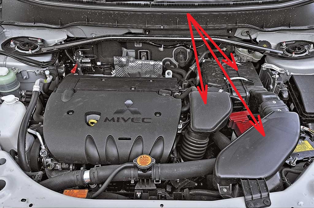 Размещение воздушного фильтра с воздухозаборником двигателя 4B12 Mitsubishi Outlander XL