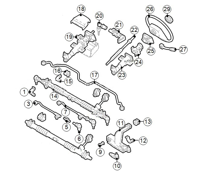 Номера и названия деталей рулевого управления 1 Chevrolet Lanos