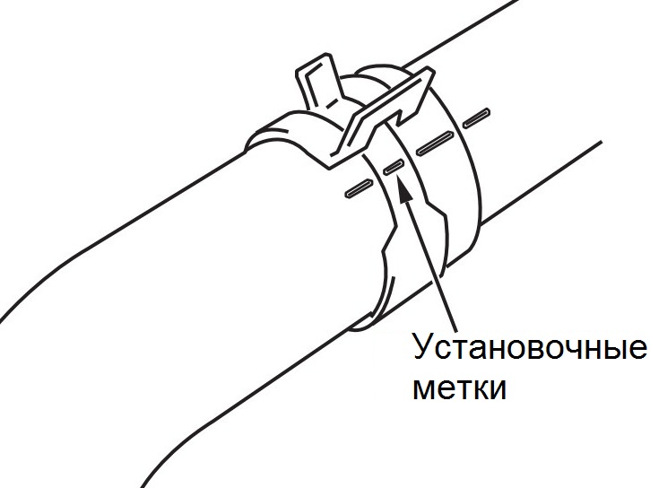 Установочные метки относительного положения шланга радиатора и хомута выпуска с 03.2009 Mitsubishi Outlander XL