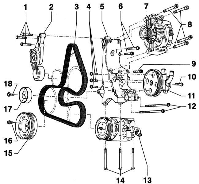 Схема прокладки ремня привода вспомогательных агрегатов Audi A4 2