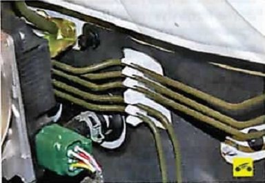 Крепление трубопроводов в держателях на щите моторного отсека Nissan Almera Classic