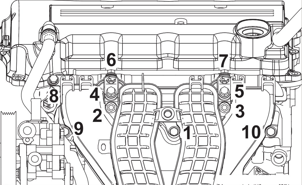 Последовательность затяжки гаек и болтов крепления впускного коллектора с элементами системы питания двигателя 4B12 Citroen C-Crosser