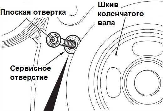 Установка плоской отвертки в сервисное отверстие в крышке цепи привода ГРМ двигателя 4B12 Citroen C-Crosser