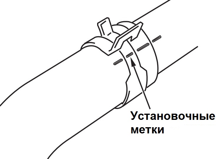 Нанесение установочных меток относительного положения шланга радиатора и хомута крепления к патрубку корпуса термостата двигателя 4B12 Peugeot 4007