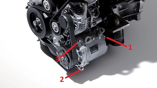 Последовательность ослабления болтов крепления компрессора кондиционера к кронштейну двигателя 4B12 Citroen C-Crosser