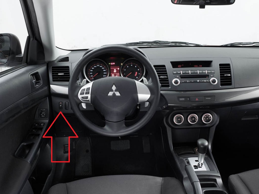 Расположение корректора фар на торпеде автомобиль Mitsubishi Lancer 10