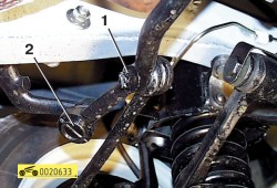Выньте шплинт 1 и заверните заглушку 2 до упора ГАЗ 31105 Волга