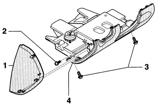 Схема расположения крепежей крышки в пространстве для ног водителя Audi A4 II (B6)
