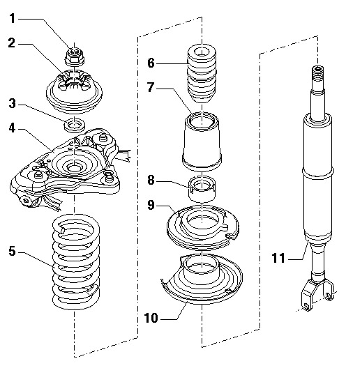 Схема деталей переднего амортизатора Audi A4 II (B6)