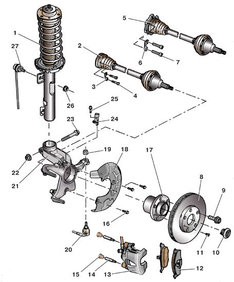 Схема деталей передней подвески автомобиля Skoda Fabia I