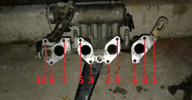 Последовательность затяжки элементов крепления впускного коллектора двигателя A15SMS Daewoo Nexia N150