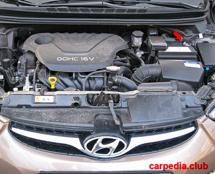 Расположение АКБ на автомобиле Hyundai elantra J5 MD 2010-2016