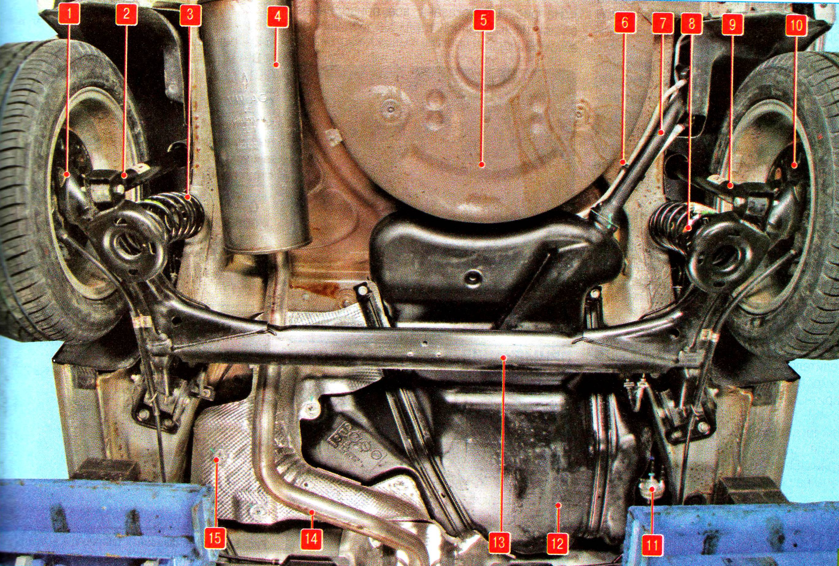 Расположение узлов и агрегатов сзади снизу автомобиля Volkswagen Polo