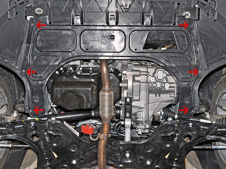 Расположение саморезов крепления грязезащитного щитка моторного отсека Volkswagen Polo