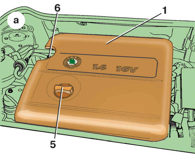 Снятие крышки кожуха безинового двигателя 1.4 л (55 и 74 кВт) Skoda Fabia I