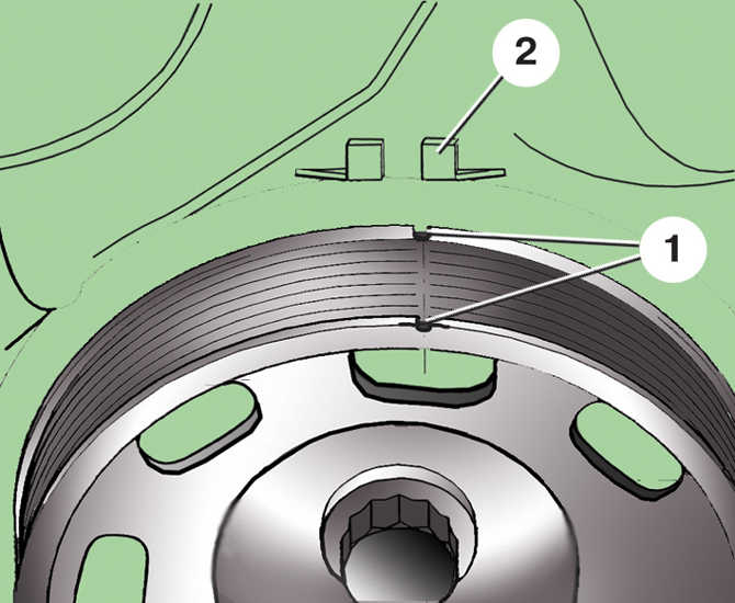 Установка ВМТ поршня первого цилиндра двигателя, совпадение меток на шкиве генератора и крышке ремня, Skoda Fabia I