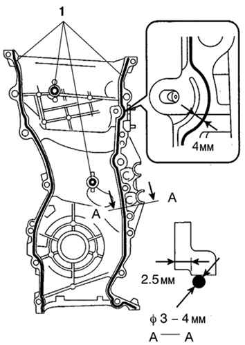 Места нанесения герметика на крышку цепи привода Toyota Camry 