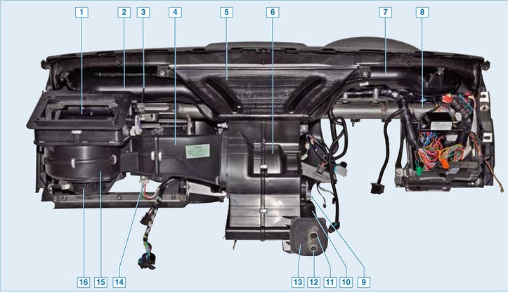 Расположение отопителя и воздуховодов на панели приборов Лада Гранта (ВАЗ 2190)