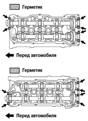 Места нанесения герметика головки блока цилиндров Toyota Camry 