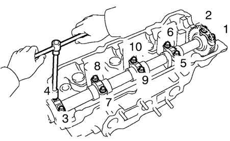 Порядок ослабления болтов крепления крышек подшипников выпускных клапанов задней головки блока цилиндров Toyota Camry 