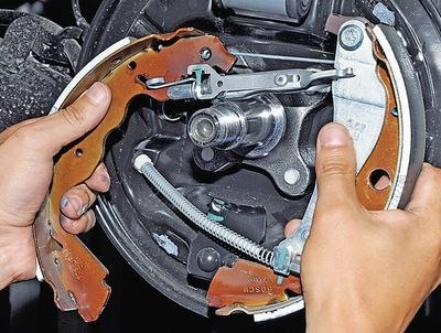 Установка колодок в сборе на тормозной щит заднего тормозного механизма Lada Largus
