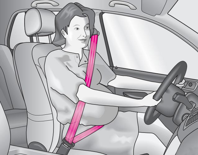 Схема пристегивания беременной женщины ремнем безопасности в автомобиле Skoda Fabia I