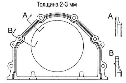 Места нанесения герметика на держатель заднего сальника Toyota CAmry