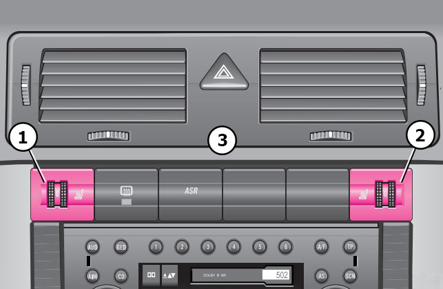 Схема расположения ручек управления подогревом передних сидений в автомобиле Skoda Fabia I