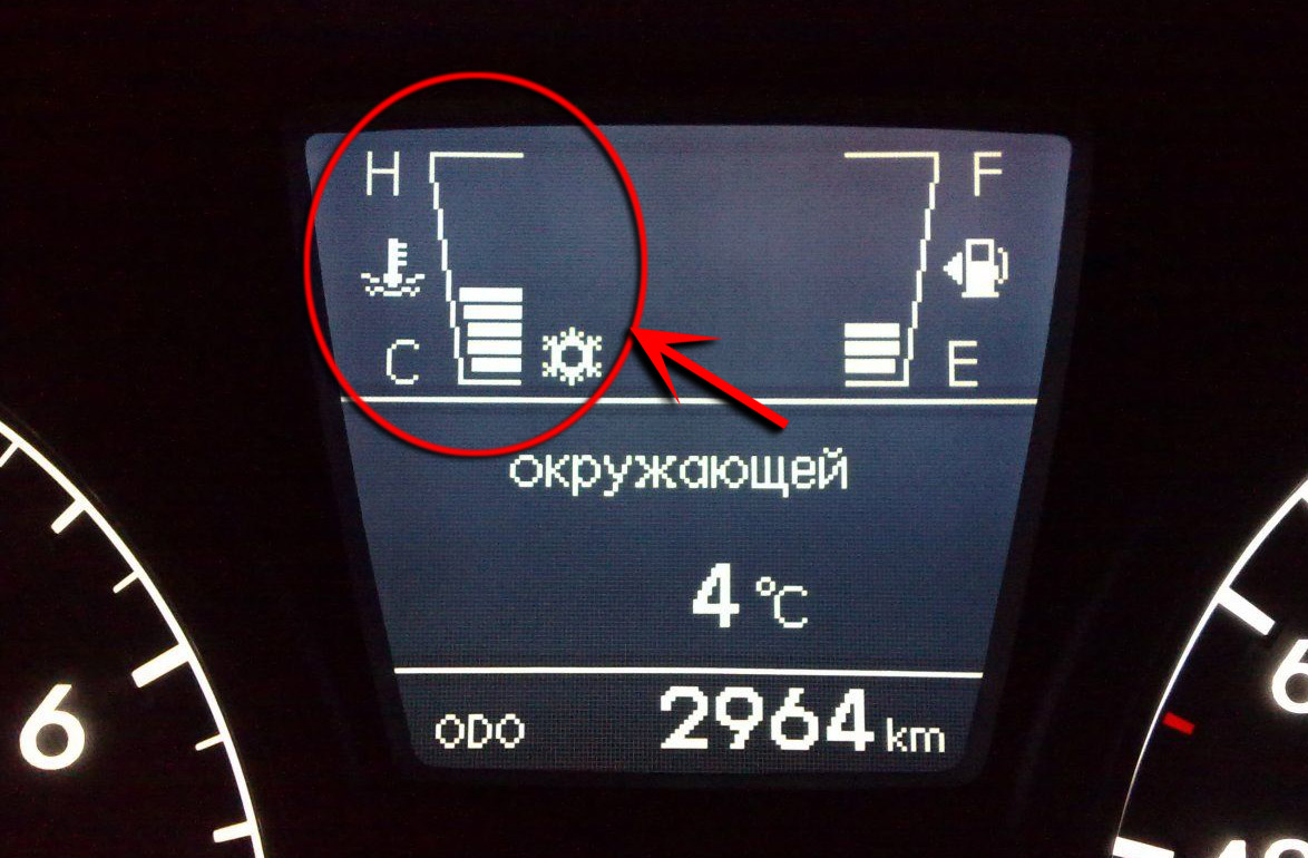 Индикатор температуры двигателя на комбинации приборов на автомобиле Hyundai Solaris 2010-2016