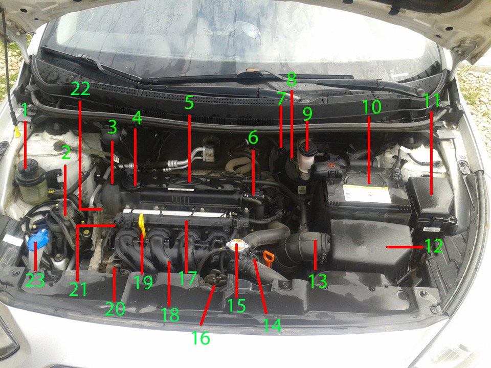 Описание агрегатов подкапотного пространства на автомобиле Hyundai Solaris 2010-2016