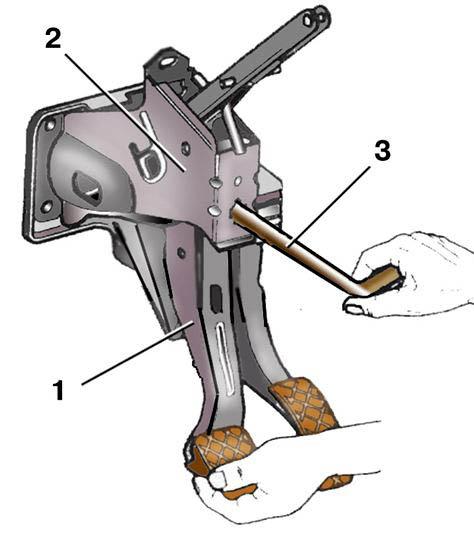 Схема отсоединения педали тормоза от толкателя вакуумного усилителя автмобиля Skoda Fabia I