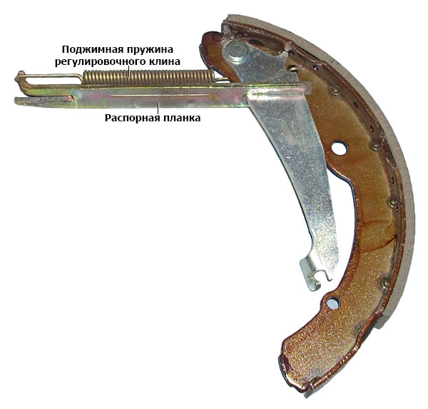 Одевание поджимной пружины и распорки на колодку барабанного тормозного механизма заднего колеса автомобиля Skoda Fabia I