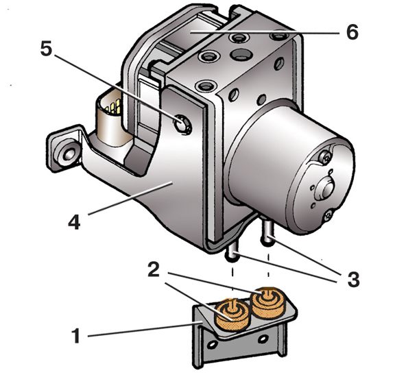 Схема блока управления ABS с кронштейнами автомобиля Skoda Fabia I