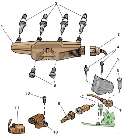 Схема деталей системы зажигания двигателей 1,0 л, 37 кВт и 1,4 л, 50 кВт автомобиля Skoda Fabia I