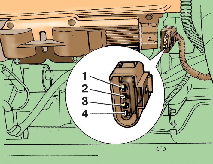 Схема нумерации контактов соединительной колодки модуля зажигания двигателей 1,0 л (37 кВт) и 1,4 л (50 кВт) автомобиля Skoda Fabia I