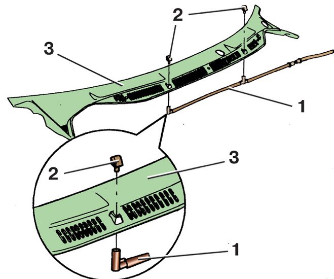 Схема снятия жиклеров омывателя ветрового стекла автомобиля Skoda Fabia I