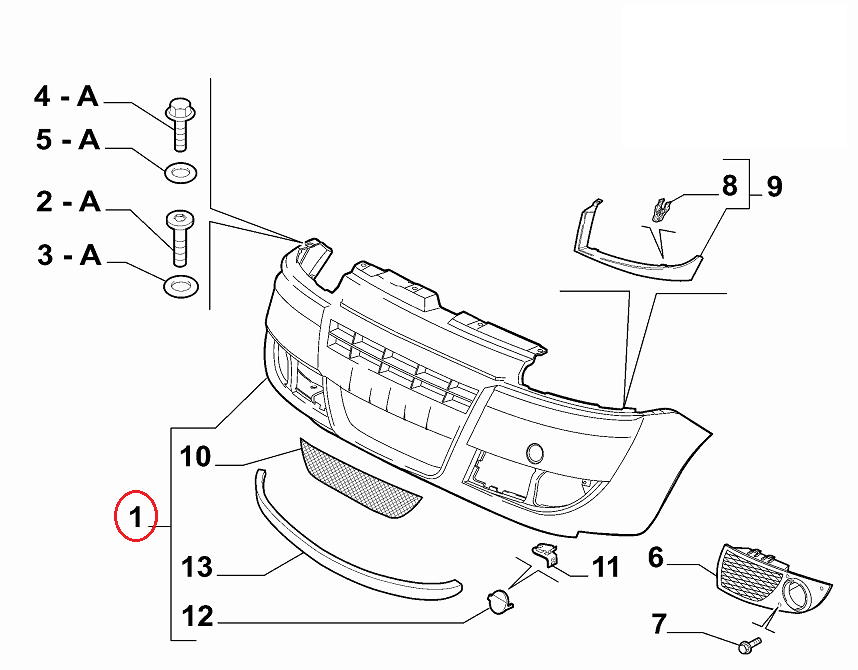 Схема элементов крепления переднего бампера Fiat Doblo